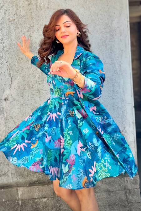 Gazab by Miku Kumar_Blue Georgette, Chanderi Silk Sweetheart La Villette Paris Jacket With Dress _at_Aza_Fashions