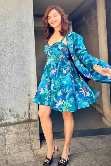 Shop_Gazab by Miku Kumar_Blue Georgette, Chanderi Silk Sweetheart La Villette Paris Jacket With Dress 