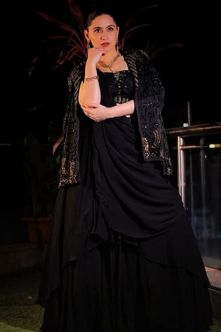 Miku Kumar Black Georgette, Viscose Embroidery, Tassels Cape And Pre-draped Lehenga Saree Set 