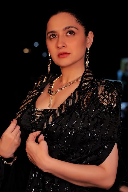 Miku Kumar_Black Georgette, Viscose Embroidery, Tassels Cape And Pre-draped Lehenga Saree Set _at_Aza_Fashions