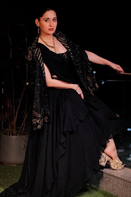 Shop_Miku Kumar_Black Georgette, Viscose Embroidery, Tassels Cape And Pre-draped Lehenga Saree Set 