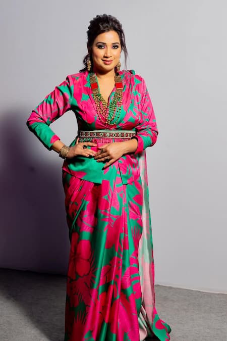 Buy_Miku Kumar_Pink Silk Beads Collared Daisy Printed Pre-draped Saree With Blazer _at_Aza_Fashions