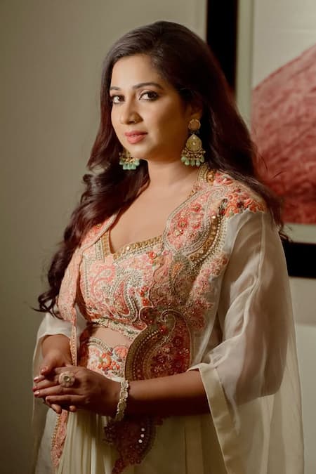 Buy_Petticoat Lane By Divya_Ivory Chanderi, Satin Beads, Embroidery Sweetheart Neck Floral Cape And Skirt Set 