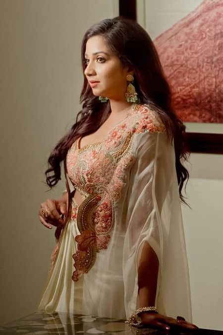 Shop_Petticoat Lane By Divya_Ivory Chanderi, Satin Beads, Embroidery Sweetheart Neck Floral Cape And Skirt Set 