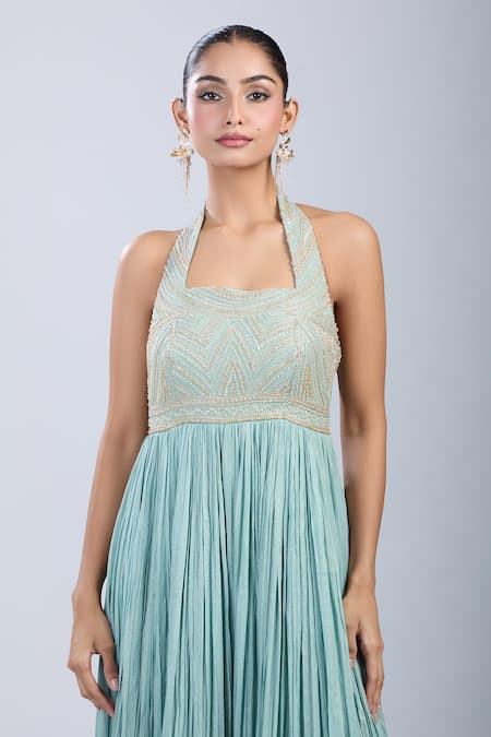 Samyukta Singhania_Green Tissue Beads, Sequins Halter , Square Yoke Embroidered Jumpsuit _Online_at_Aza_Fashions