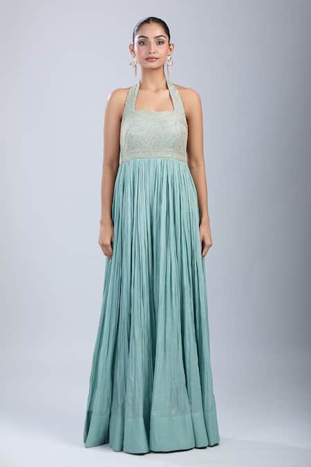 Buy_Samyukta Singhania_Green Tissue Beads, Sequins Halter , Square Yoke Embroidered Jumpsuit _Online_at_Aza_Fashions