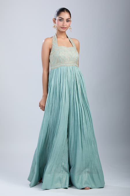 Shop_Samyukta Singhania_Green Tissue Beads, Sequins Halter , Square Yoke Embroidered Jumpsuit _Online_at_Aza_Fashions