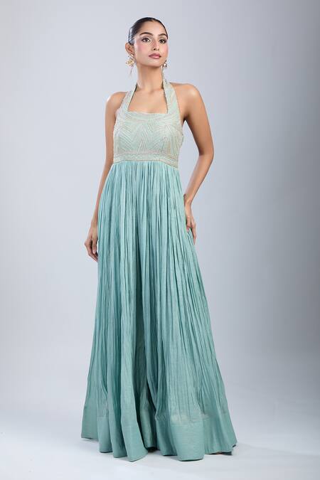 Samyukta Singhania_Green Tissue Beads, Sequins Halter , Square Yoke Embroidered Jumpsuit _at_Aza_Fashions