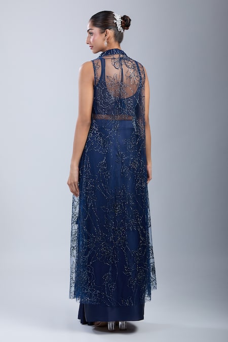 Samyukta Singhania_Blue Net, Satin Beads Mandarin Collar, V-neck Embroidered Jacket Skirt Set _Online_at_Aza_Fashions