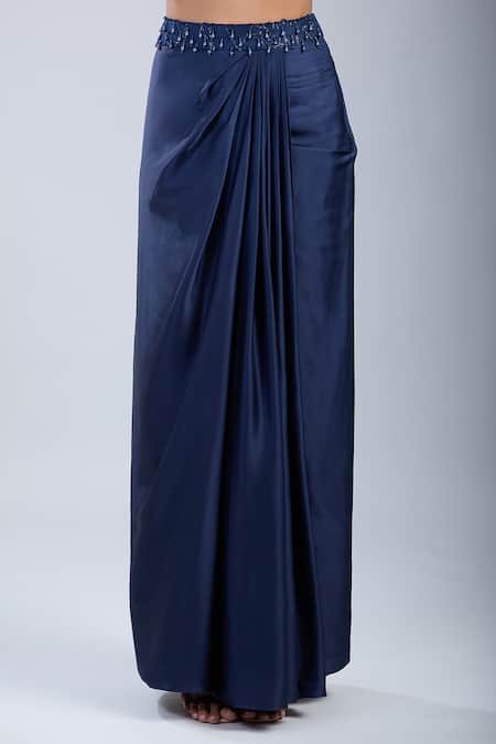 Buy_Samyukta Singhania_Blue Net, Satin Beads Mandarin Collar, V-neck Embroidered Jacket Skirt Set _Online_at_Aza_Fashions