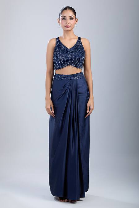 Shop_Samyukta Singhania_Blue Net, Satin Beads Mandarin Collar, V-neck Embroidered Jacket Skirt Set _Online_at_Aza_Fashions