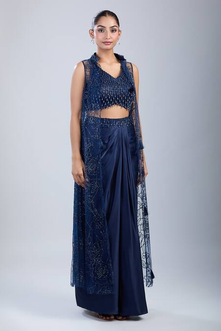 Samyukta Singhania_Blue Net, Satin Beads Mandarin Collar, V-neck Embroidered Jacket Skirt Set _at_Aza_Fashions