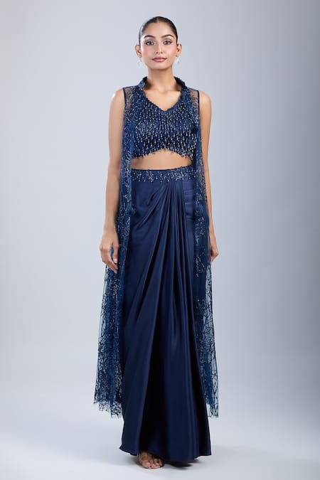 Buy_Samyukta Singhania_Blue Net, Satin Beads Mandarin Collar, V-neck Embroidered Jacket Skirt Set 