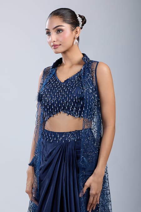 Shop_Samyukta Singhania_Blue Net, Satin Beads Mandarin Collar, V-neck Embroidered Jacket Skirt Set 