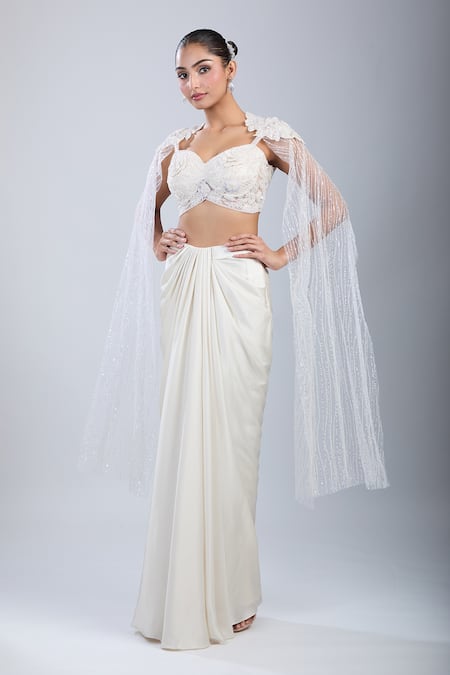 Samyukta Singhania Embroidered Cape Blouse With Draped Skirt 