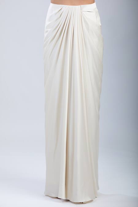 Buy_Samyukta Singhania_Ivory Satin, Net Embroidery, Sequins Sweetheart Cape Blouse With Draped Skirt _Online_at_Aza_Fashions