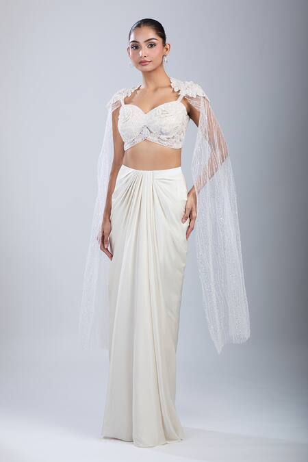 Shop_Samyukta Singhania_Ivory Satin, Net Embroidery, Sequins Sweetheart Cape Blouse With Draped Skirt _Online_at_Aza_Fashions