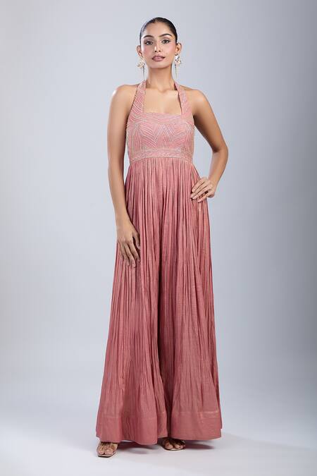 Samyukta Singhania_Peach Tissue Embroidery, Sequins Halter Neck Yoke Gown _Online_at_Aza_Fashions