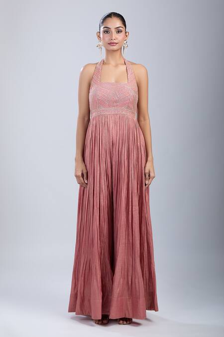 Samyukta Singhania_Peach Tissue Embroidery, Sequins Halter Neck Yoke Gown _at_Aza_Fashions