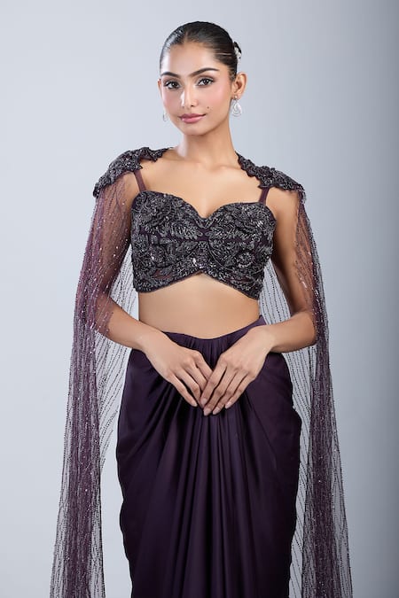 Samyukta Singhania_Wine Satin, Net Sequins, Embroidery Sweetheart Cape Blouse With Draped Skirt _Online_at_Aza_Fashions
