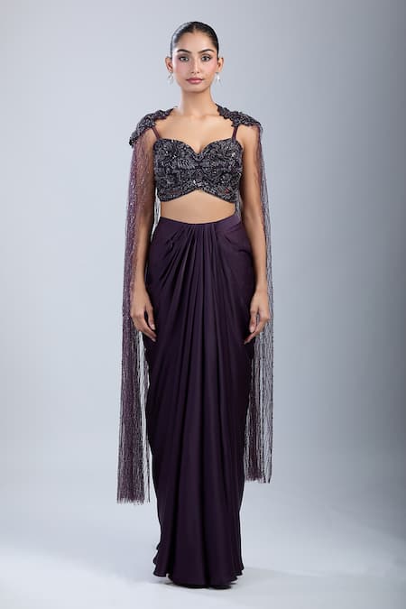Buy_Samyukta Singhania_Wine Satin, Net Sequins, Embroidery Sweetheart Cape Blouse With Draped Skirt _Online_at_Aza_Fashions