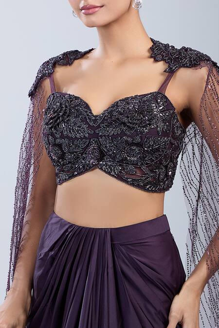 Shop_Samyukta Singhania_Wine Satin, Net Sequins, Embroidery Sweetheart Cape Blouse With Draped Skirt _Online_at_Aza_Fashions