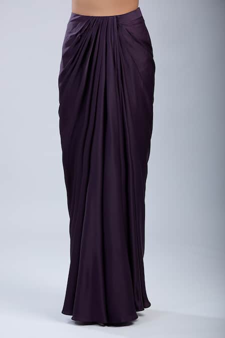 Samyukta Singhania_Wine Satin, Net Sequins, Embroidery Sweetheart Cape Blouse With Draped Skirt _at_Aza_Fashions