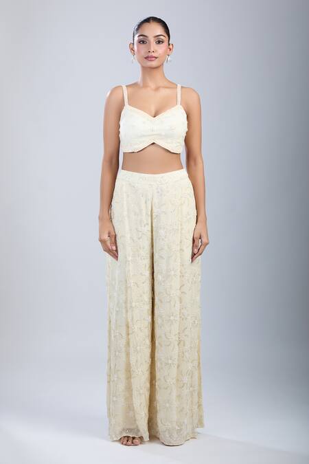 Samyukta Singhania_Ivory Georgette, Net Embroidery, Beads, Sequins Shawl Floral Jacket Palazzo Set _Online_at_Aza_Fashions