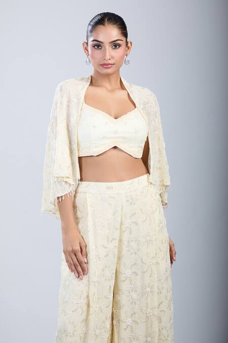 Buy_Samyukta Singhania_Ivory Georgette, Net Embroidery, Beads, Sequins Shawl Floral Jacket Palazzo Set _Online_at_Aza_Fashions