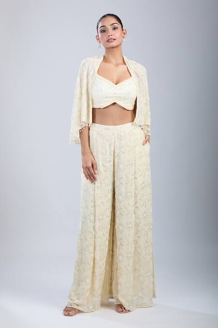 Shop_Samyukta Singhania_Ivory Georgette, Net Embroidery, Beads, Sequins Shawl Floral Jacket Palazzo Set _Online_at_Aza_Fashions