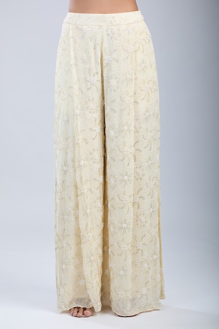 Samyukta Singhania_Ivory Georgette, Net Embroidery, Beads, Sequins Shawl Floral Jacket Palazzo Set _at_Aza_Fashions