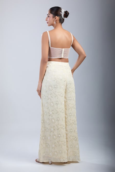 Buy_Samyukta Singhania_Ivory Georgette, Net Embroidery, Beads, Sequins Shawl Floral Jacket Palazzo Set 