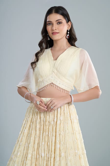 Shop_Samyukta Singhania_Ivory Organza, Georgette Sequins, Embroidery V-neck Blouse And Lehenga Set _Online_at_Aza_Fashions