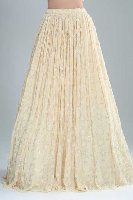 Samyukta Singhania_Ivory Organza, Georgette Sequins, Embroidery V-neck Blouse And Lehenga Set _at_Aza_Fashions