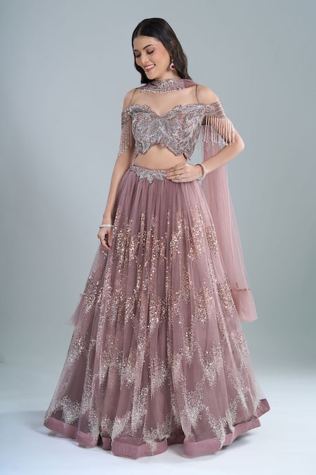 Samyukta Singhania Pink Net Sequins, Embroidery, Beads Off-shoulder Lehenga Set 