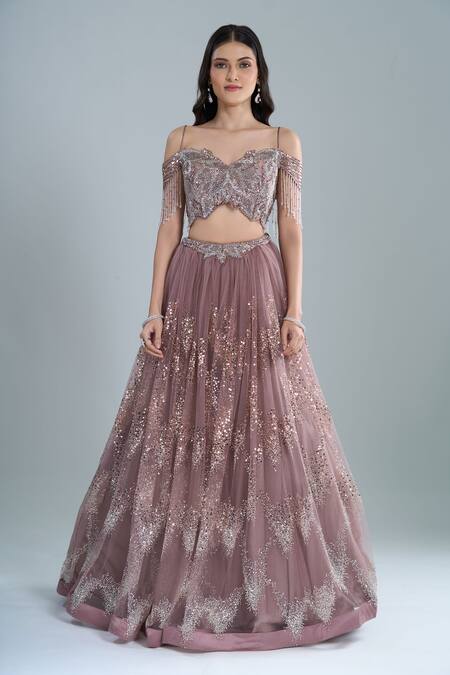 Samyukta Singhania Pink Net Sequins, Embroidery, Beads Off-shoulder Lehenga Set Online at Aza Fashions Samyukta Singhania_Pink Net Sequins, Embroidery, Beads Off-shoulder Lehenga Set _Online_at_Aza_Fashions