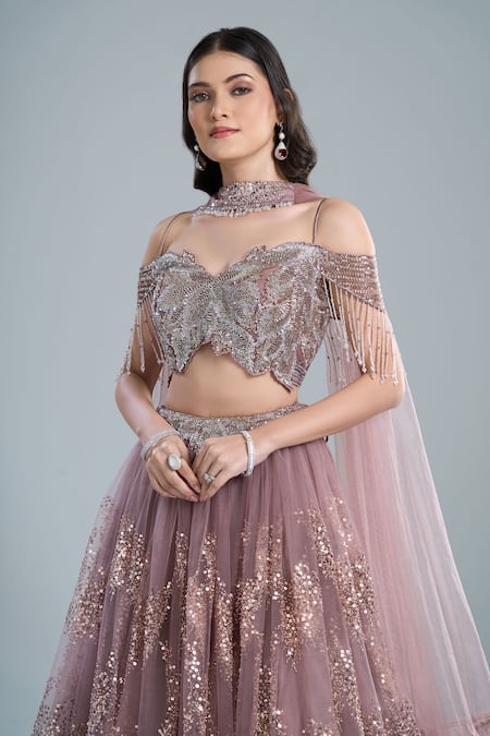Buy Samyukta Singhania Pink Net Sequins, Embroidery, Beads Off-shoulder Lehenga Set Online at Aza Fashions Buy_Samyukta Singhania_Pink Net Sequins, Embroidery, Beads Off-shoulder Lehenga Set _Online_at_Aza_Fashions