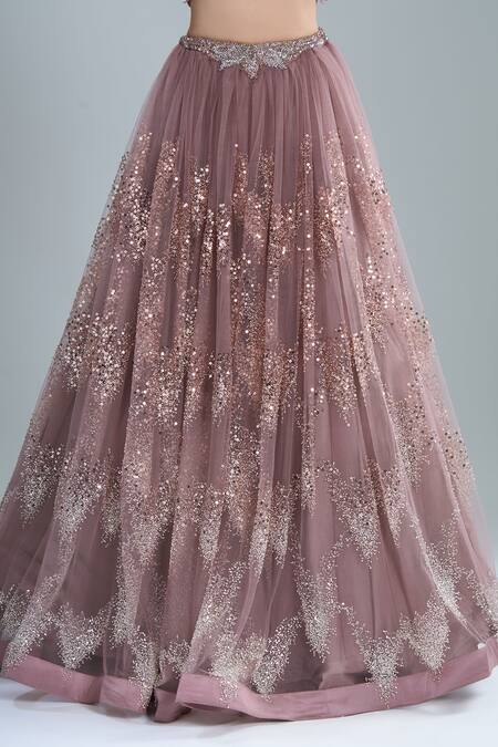 Shop Samyukta Singhania Pink Net Sequins, Embroidery, Beads Off-shoulder Lehenga Set Online at Aza Fashions Shop_Samyukta Singhania_Pink Net Sequins, Embroidery, Beads Off-shoulder Lehenga Set _Online_at_Aza_Fashions