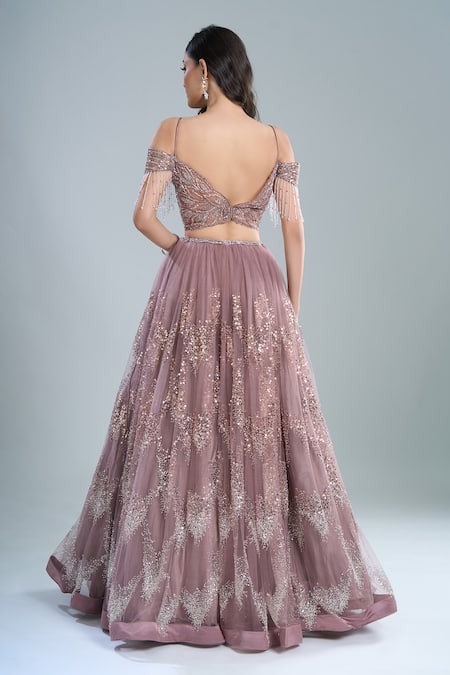 Shop Samyukta Singhania Pink Net Sequins, Embroidery, Beads Off-shoulder Lehenga Set at Aza Fashions Shop_Samyukta Singhania_Pink Net Sequins, Embroidery, Beads Off-shoulder Lehenga Set _at_Aza_Fashions