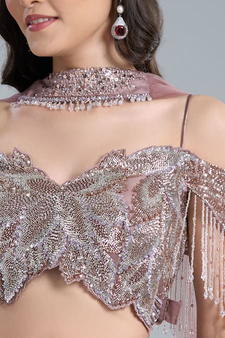 Samyukta Singhania Pink Net Sequins, Embroidery, Beads Off-shoulder Lehenga Set at Aza Fashions Samyukta Singhania_Pink Net Sequins, Embroidery, Beads Off-shoulder Lehenga Set _at_Aza_Fashions