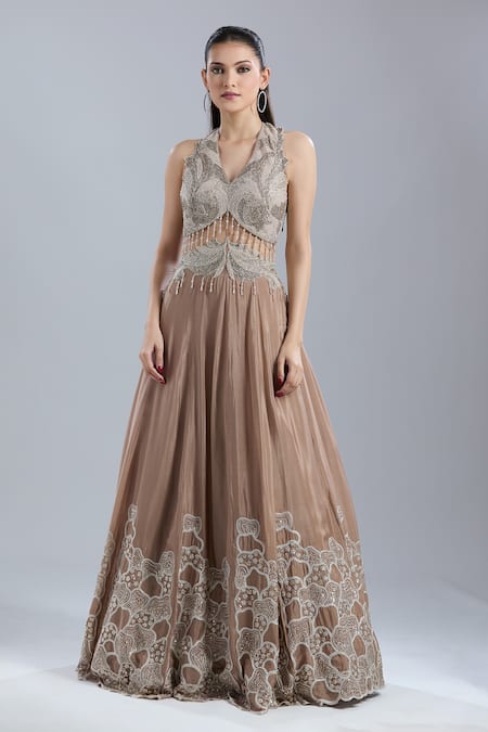 Samyukta Singhania_Beige Net, Chinon Sequins, Beads, Embroidery V-neck Gown _Online_at_Aza_Fashions