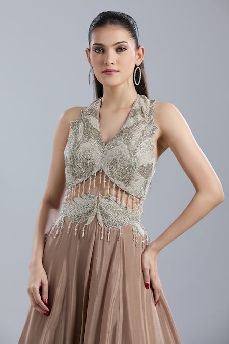 Buy_Samyukta Singhania_Beige Net, Chinon Sequins, Beads, Embroidery V-neck Gown _Online_at_Aza_Fashions