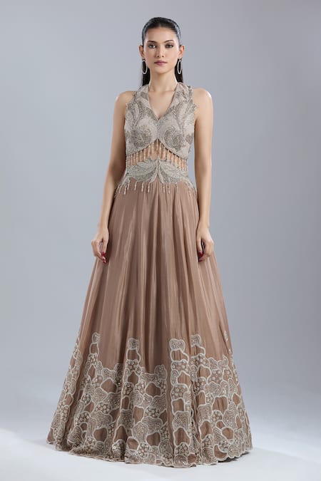Shop_Samyukta Singhania_Beige Net, Chinon Sequins, Beads, Embroidery V-neck Gown _Online_at_Aza_Fashions