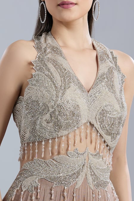 Samyukta Singhania_Beige Net, Chinon Sequins, Beads, Embroidery V-neck Gown _at_Aza_Fashions