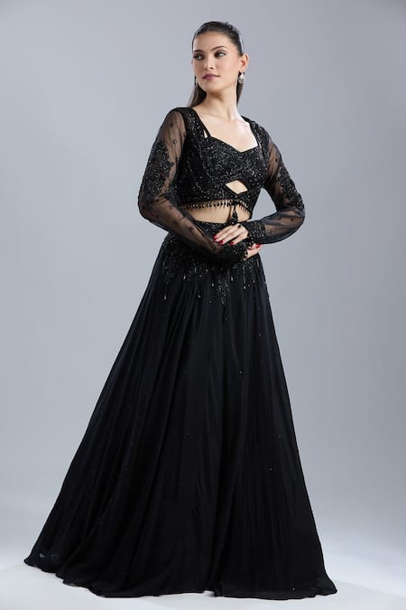 Buy_Samyukta Singhania_Black Net, Chinon Embroidery, Beads, Sequins Square Neck, Jacket Skirt Set _Online_at_Aza_Fashions