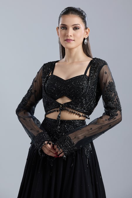 Samyukta Singhania_Black Net, Chinon Embroidery, Beads, Sequins Square Neck, Jacket Skirt Set _at_Aza_Fashions