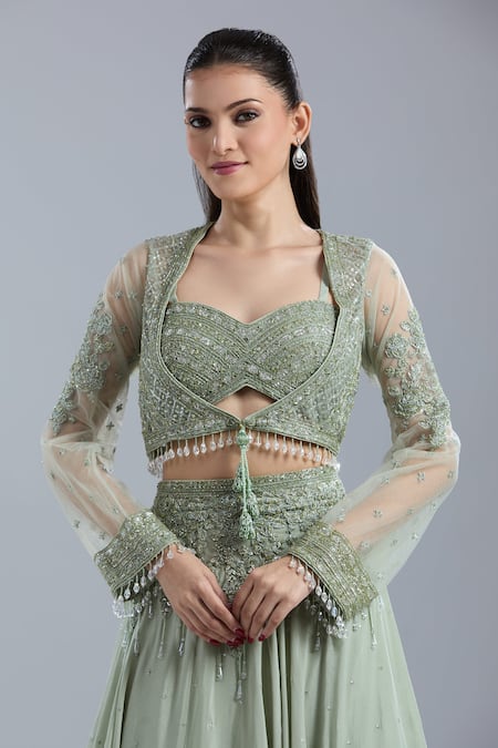 Samyukta Singhania_Green Net, Chinon Embroidery, Beads, Sequins Open Neck, Jacket Skirt Set _Online_at_Aza_Fashions