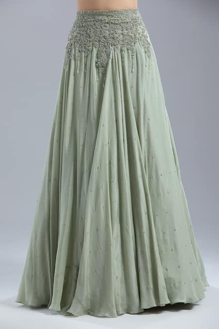 Buy_Samyukta Singhania_Green Net, Chinon Embroidery, Beads, Sequins Open Neck, Jacket Skirt Set _Online_at_Aza_Fashions