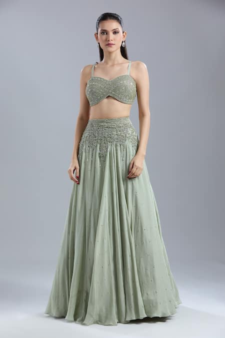 Shop_Samyukta Singhania_Green Net, Chinon Embroidery, Beads, Sequins Open Neck, Jacket Skirt Set _Online_at_Aza_Fashions