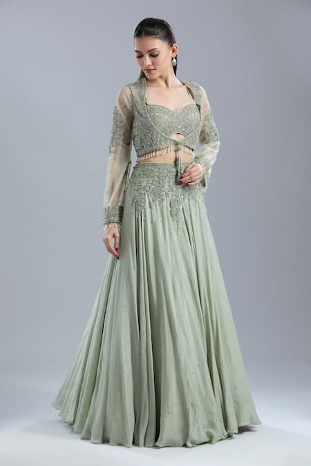 Samyukta Singhania_Green Net, Chinon Embroidery, Beads, Sequins Open Neck, Jacket Skirt Set _at_Aza_Fashions